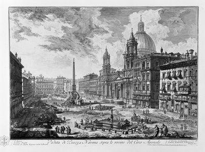 Vista da Piazza Navona sobre as ruínas do Circo Agonal. Igreja de Sant&39;Agnese in Agone Palazzo Pamphilj Fonte com Spire Egiziaca, arquiteto de Bernini Igreja de San Giacomo degli Spagnuoli Fontana arquitetura de Michelangelo de Giovanni Battista Piranesi